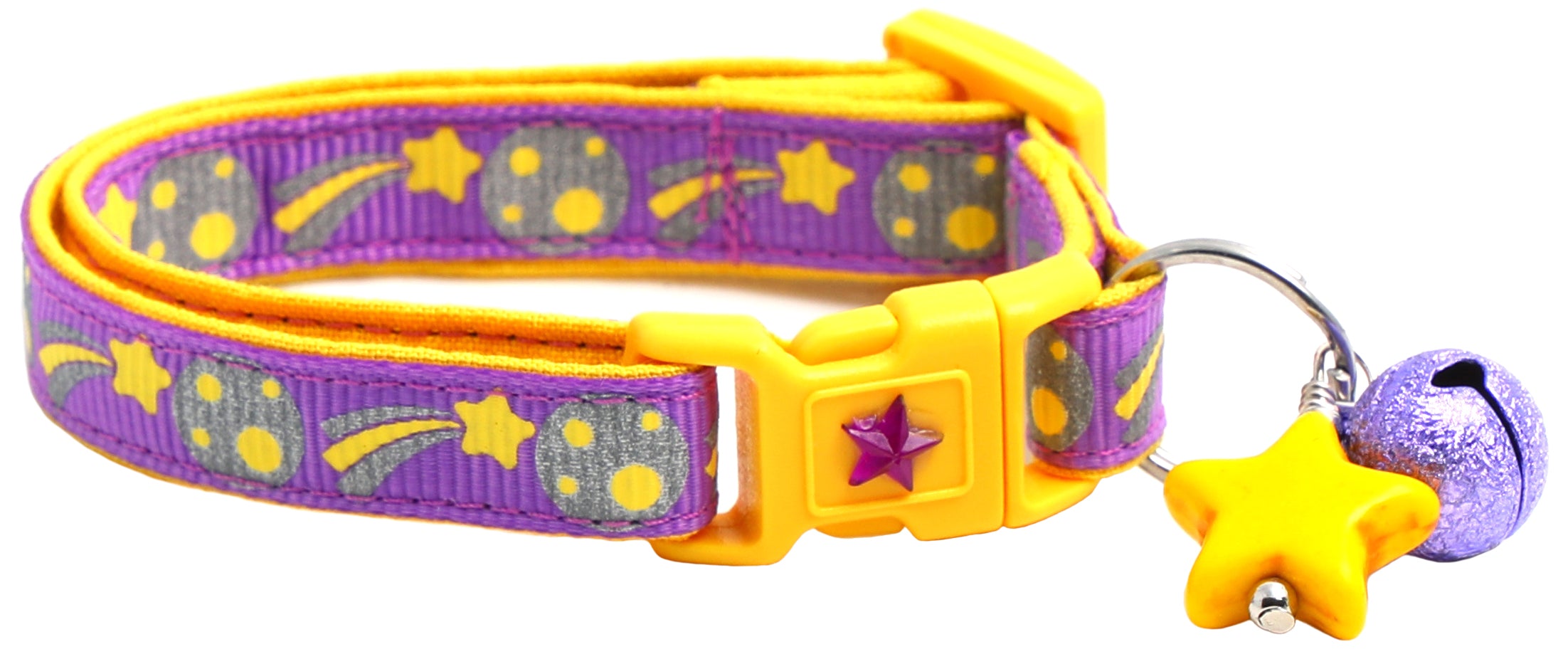 Shooting Stars Reflective Cat Collar showcasing reflective elements and reinforced cotton material, designed for safety and style.